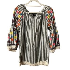 Ali Miles Women’s Tunic Linen Blend Floral Embroidered Top Boho Size Large